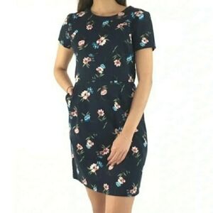 LOFT Floral Dress 8 Navy Blue Pockets Cottagecore Office Career Wedding Guest